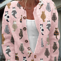 Pink cat print cardigan with V-neck button-front and long sleeves