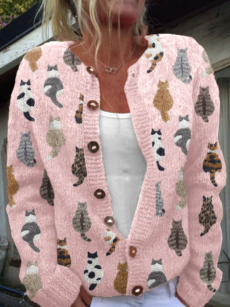 Pink cat print cardigan with V-neck button-front and long sleeves