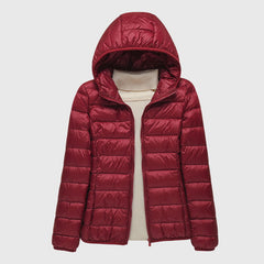 Ultra-light quilted hooded jacket with full-zip front, burgundy shade, side pockets