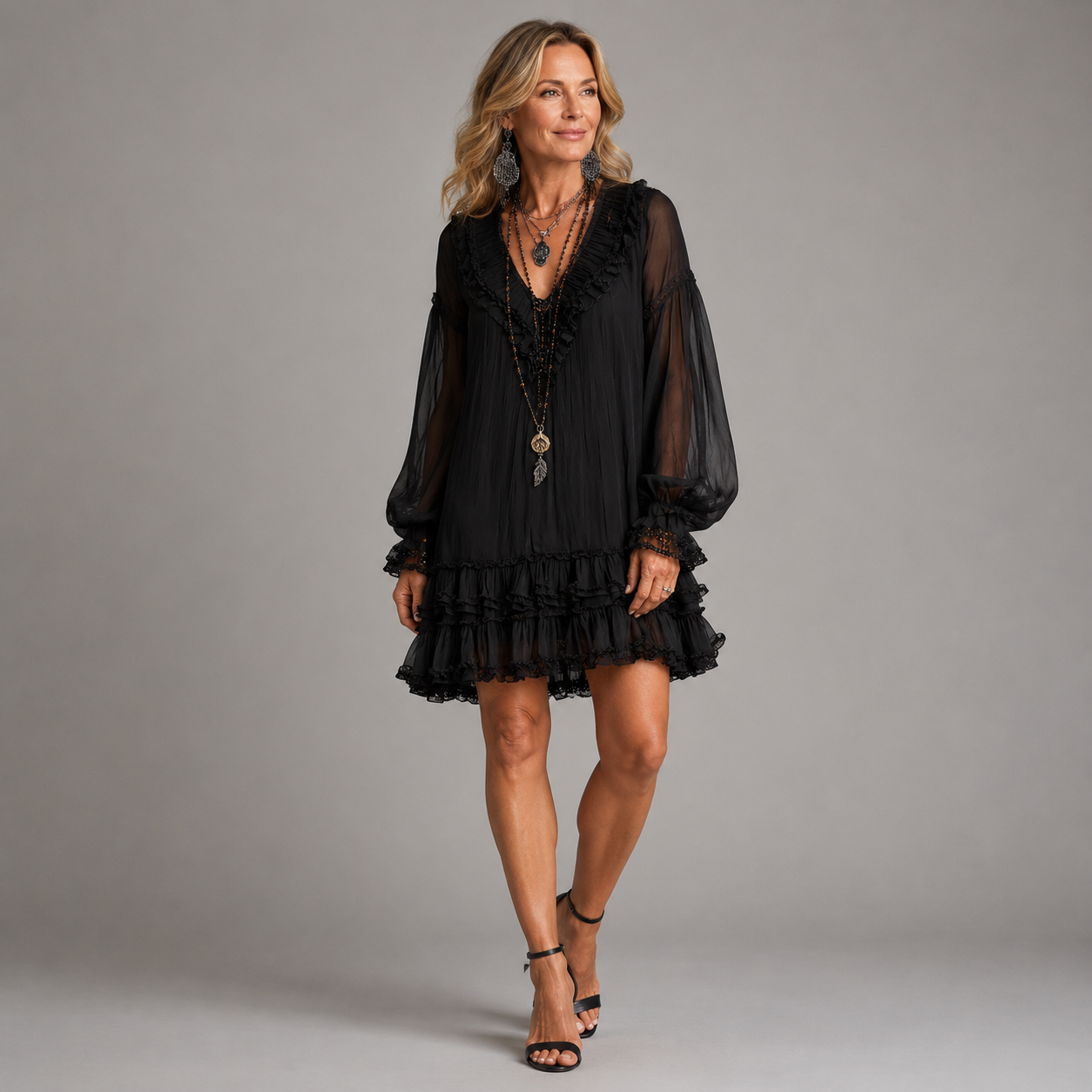 Black mini dress with ruffle hem, sheer long sleeves, V-neck and lace trim