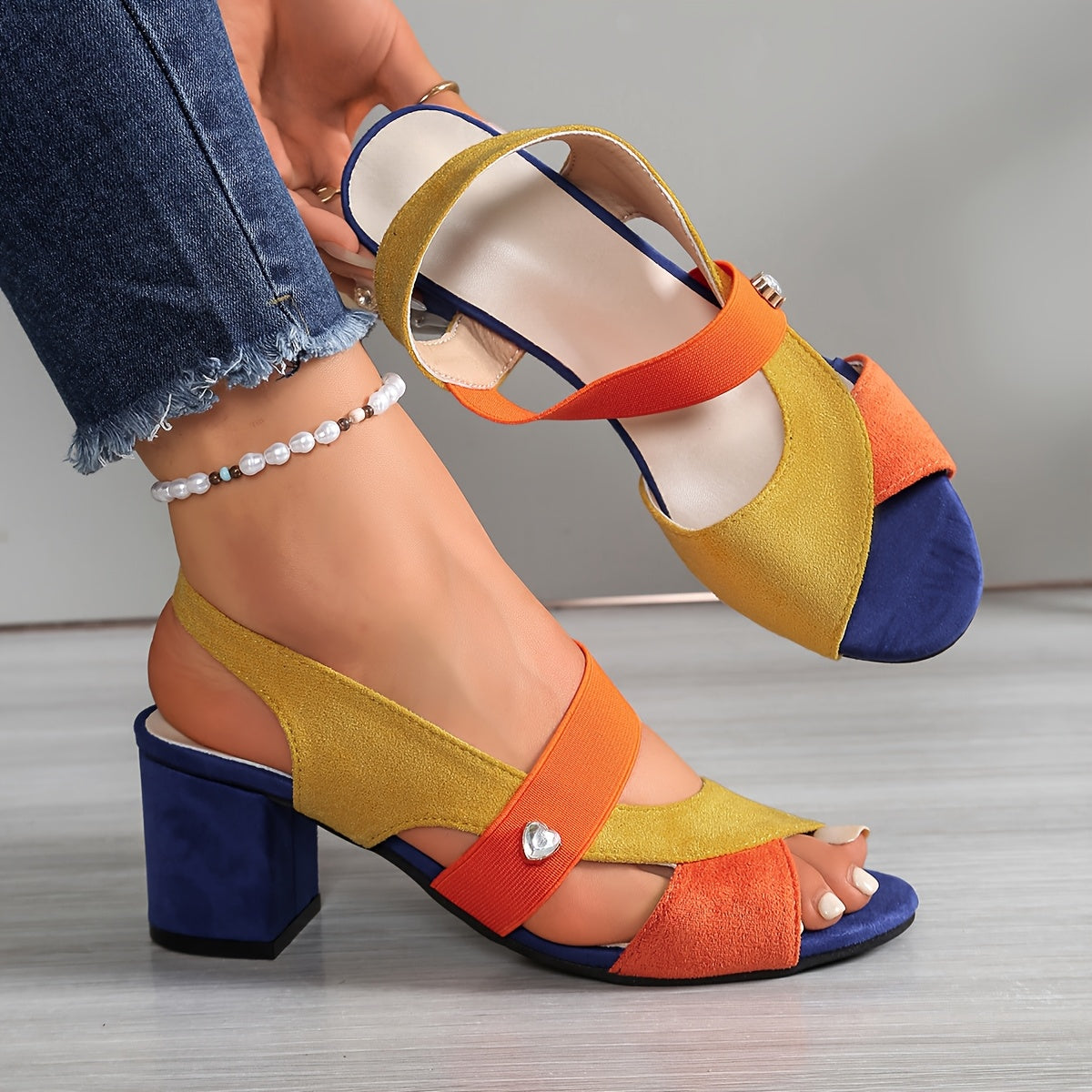 Multi-color suede block-heel sandals with wide straps and small silver stud