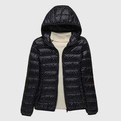 Ultra-light quilted hooded jacket with full-zip front, black shade