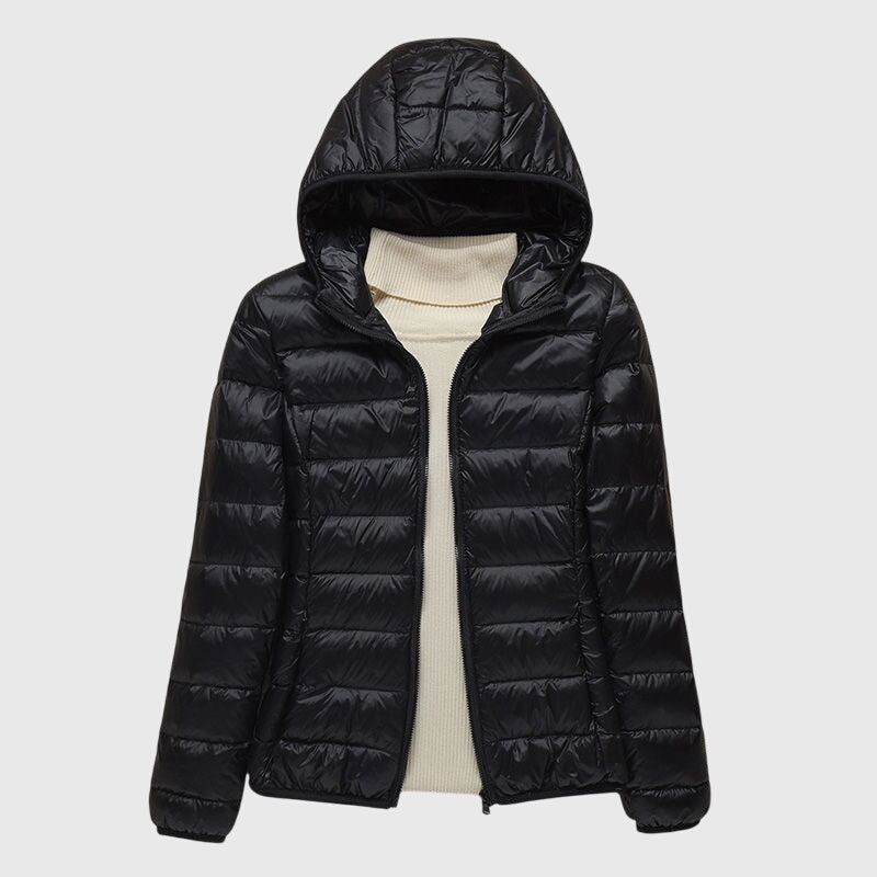 Ultra-light quilted hooded jacket with full-zip front, black shade