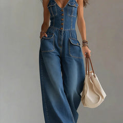 Blue denim relaxed wide-leg overall with button-front, V-neck, and patch pockets