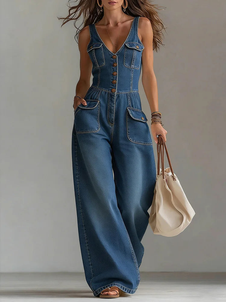 Blue denim relaxed wide-leg overall with button-front, V-neck, and patch pockets
