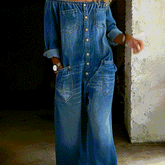 Blue off-shoulder denim long-sleeve overall with front button placket and chest pocket
