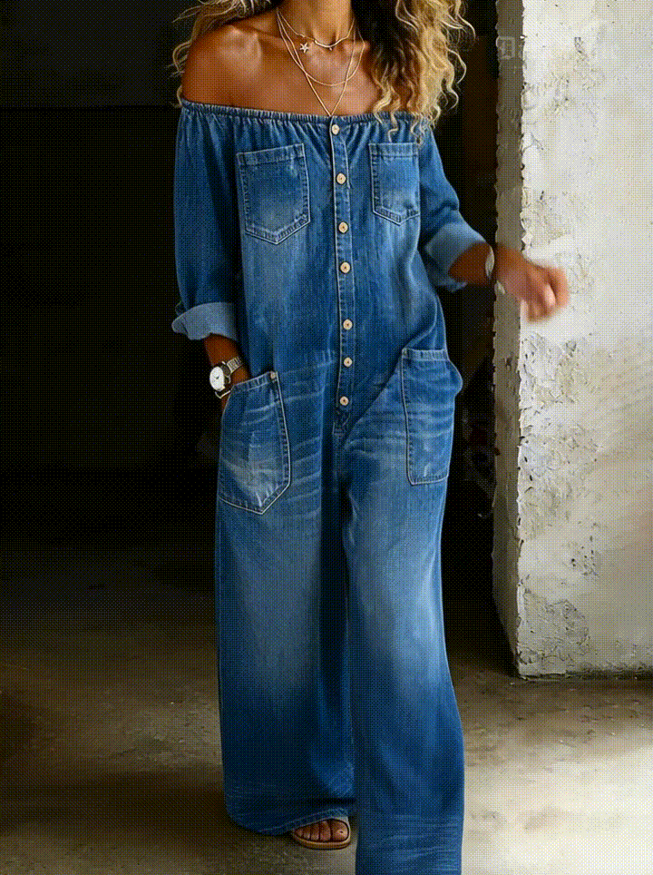Blue off-shoulder denim long-sleeve overall with front button placket and chest pocket