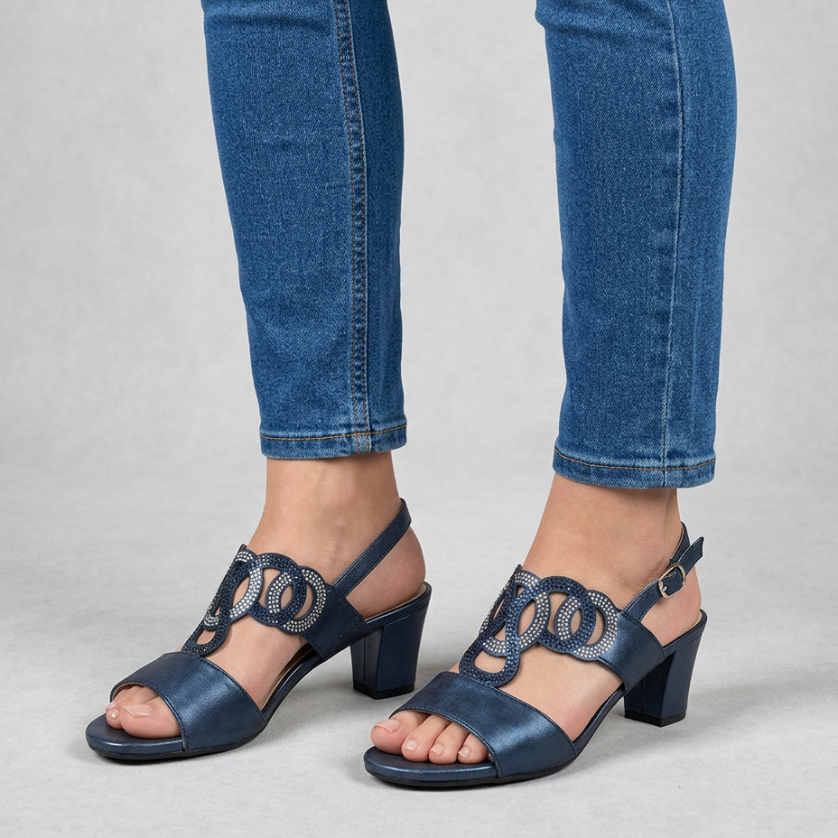 Sandali eleganti con tacco medio blu scuro, cinturino e fascia intrecciata sul collo del piede