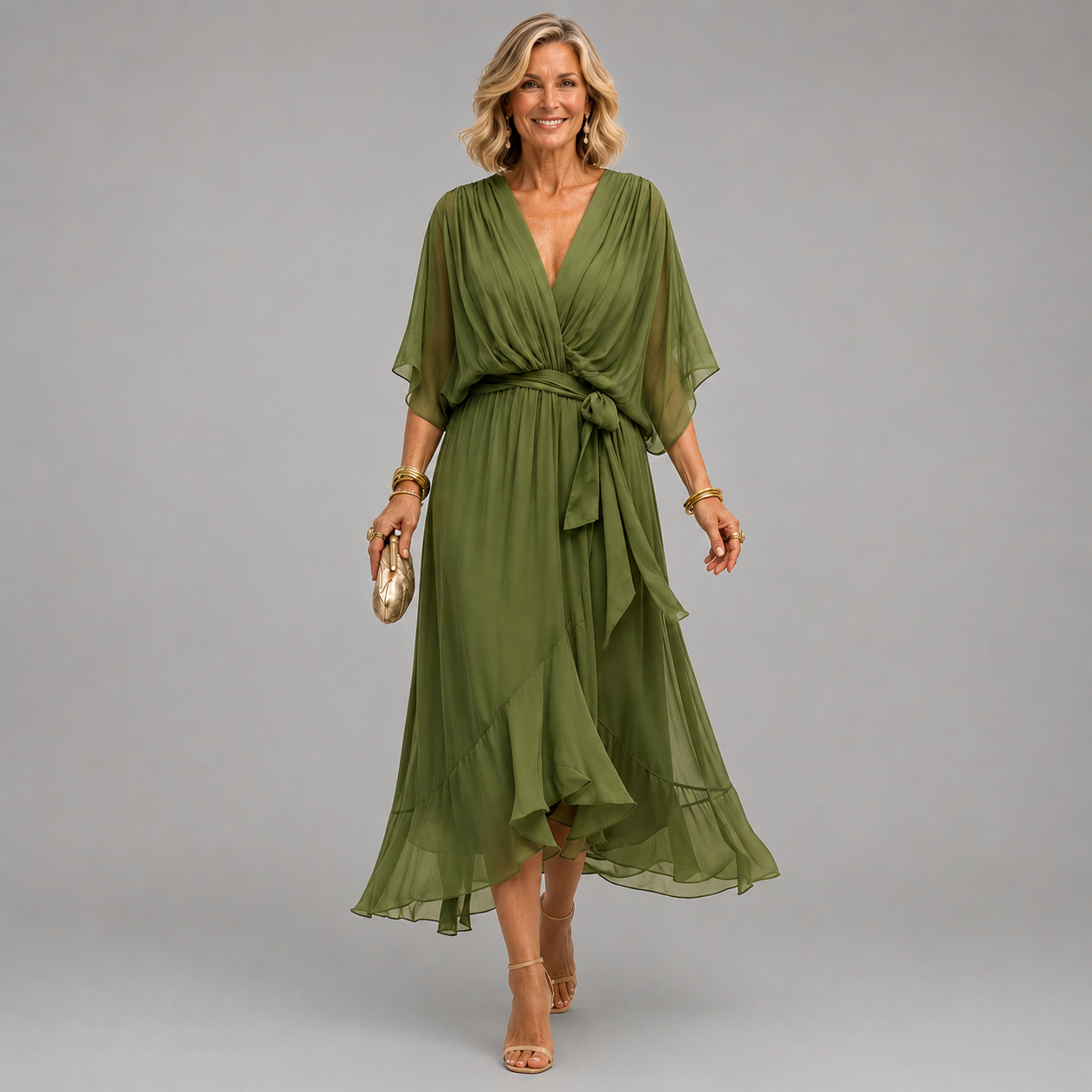 Green V-neck tie-waist midi dress with draped flutter sleeves and layered chiffon skirt