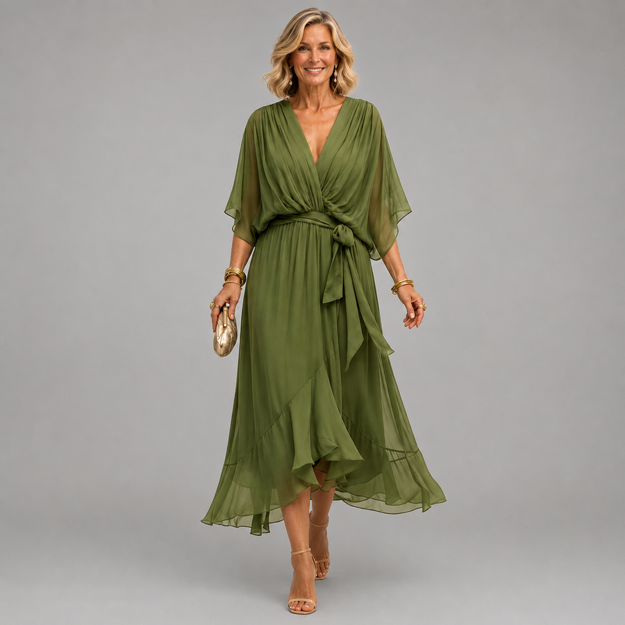 Green V-neck tie-waist midi dress with draped flutter sleeves and layered chiffon skirt