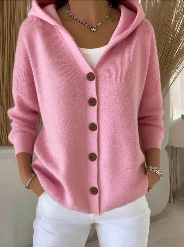 Pink hooded button-up knit cardigan with dark buttons, long sleeves