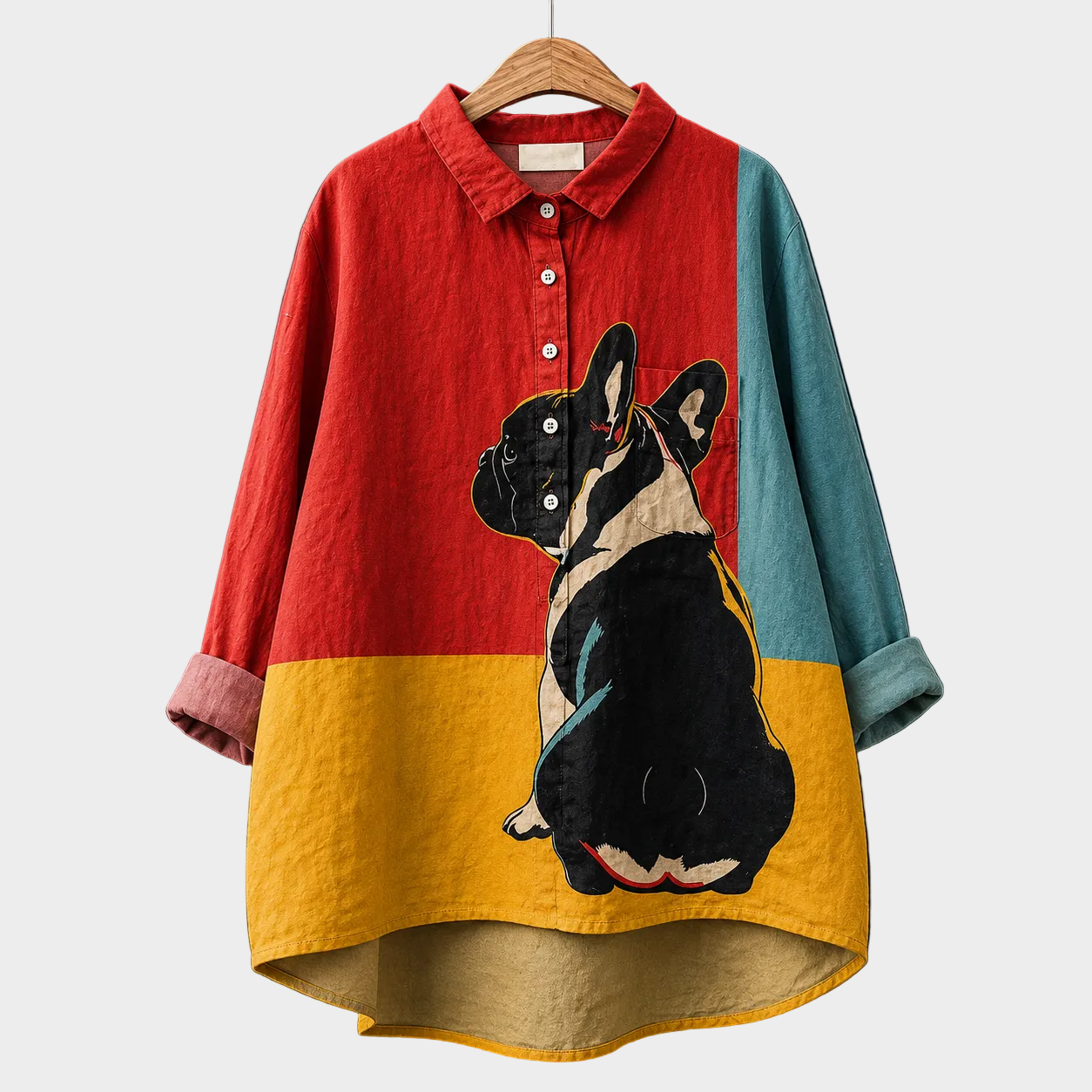 Blusa estiva elegante multicolore con colletto, bottoni e stampa cane nero