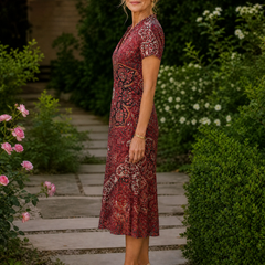 Abito midi floreale Giulia rosso con stampa decorativa e maniche corte