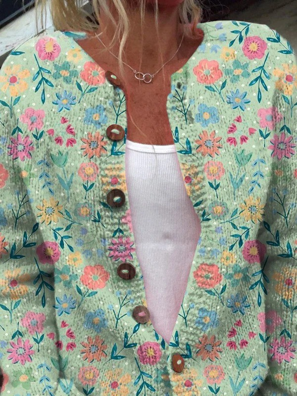 Teal floral cardigan with V-neck and long sleeves, wooden-look button closure