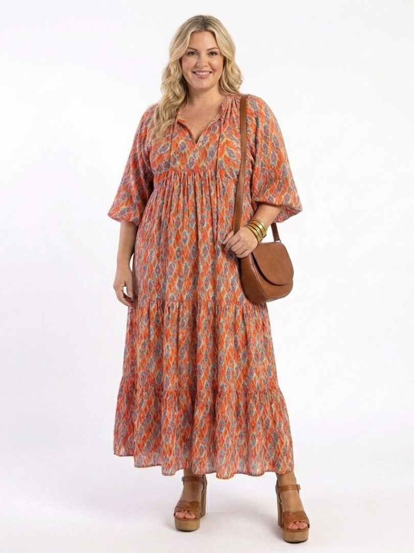 Geometric print V-neck tiered midi dress in orange and blue, 3/4 sleeves, full length