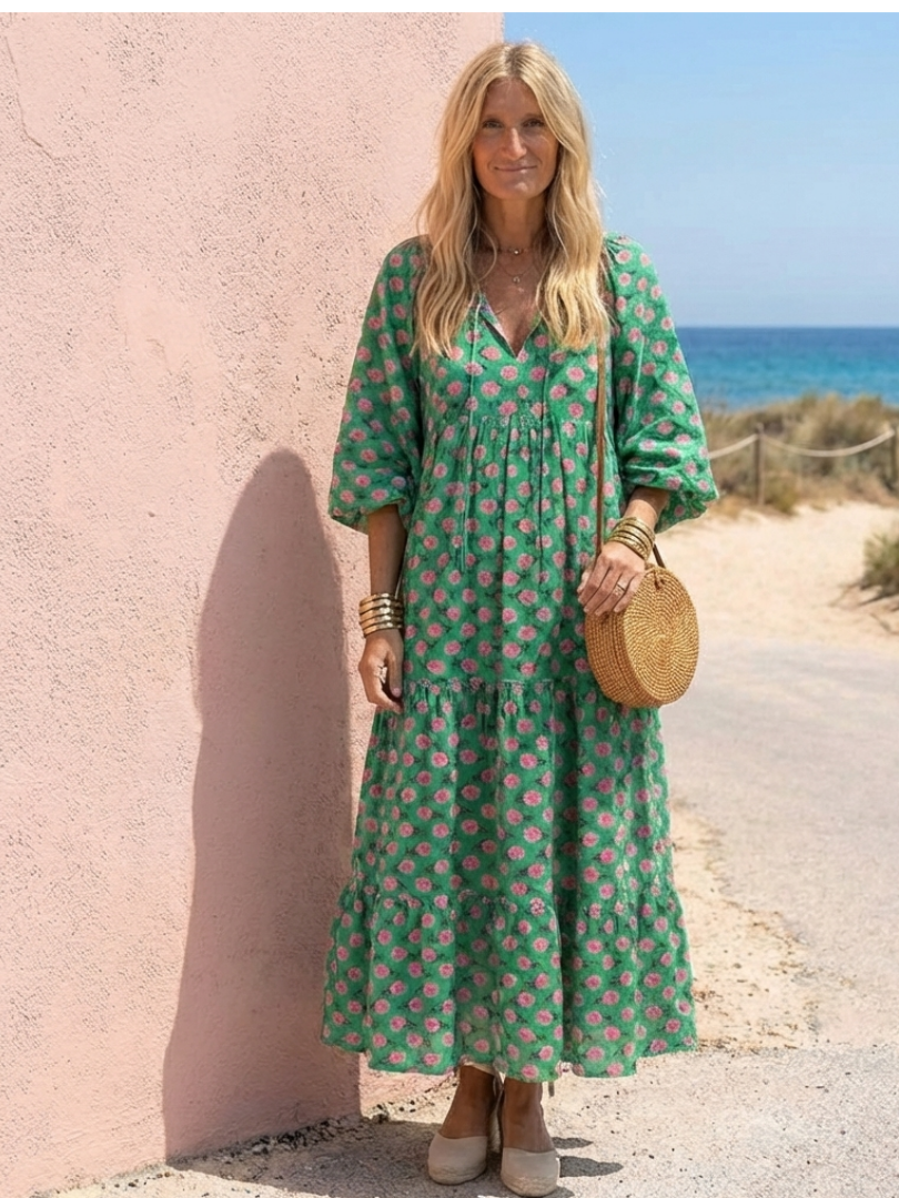 Dark green floral print V-neck tiered midi dress with 3/4 sleeves and gathered waist
