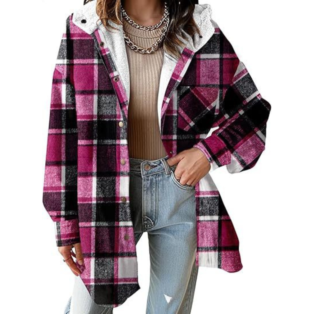 Relaxed-fit hooded plaid jacket in magenta, black, and pink with button front