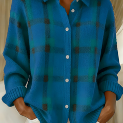 Blue plaid knit cardigan with button front, collared V-neck, long sleeves