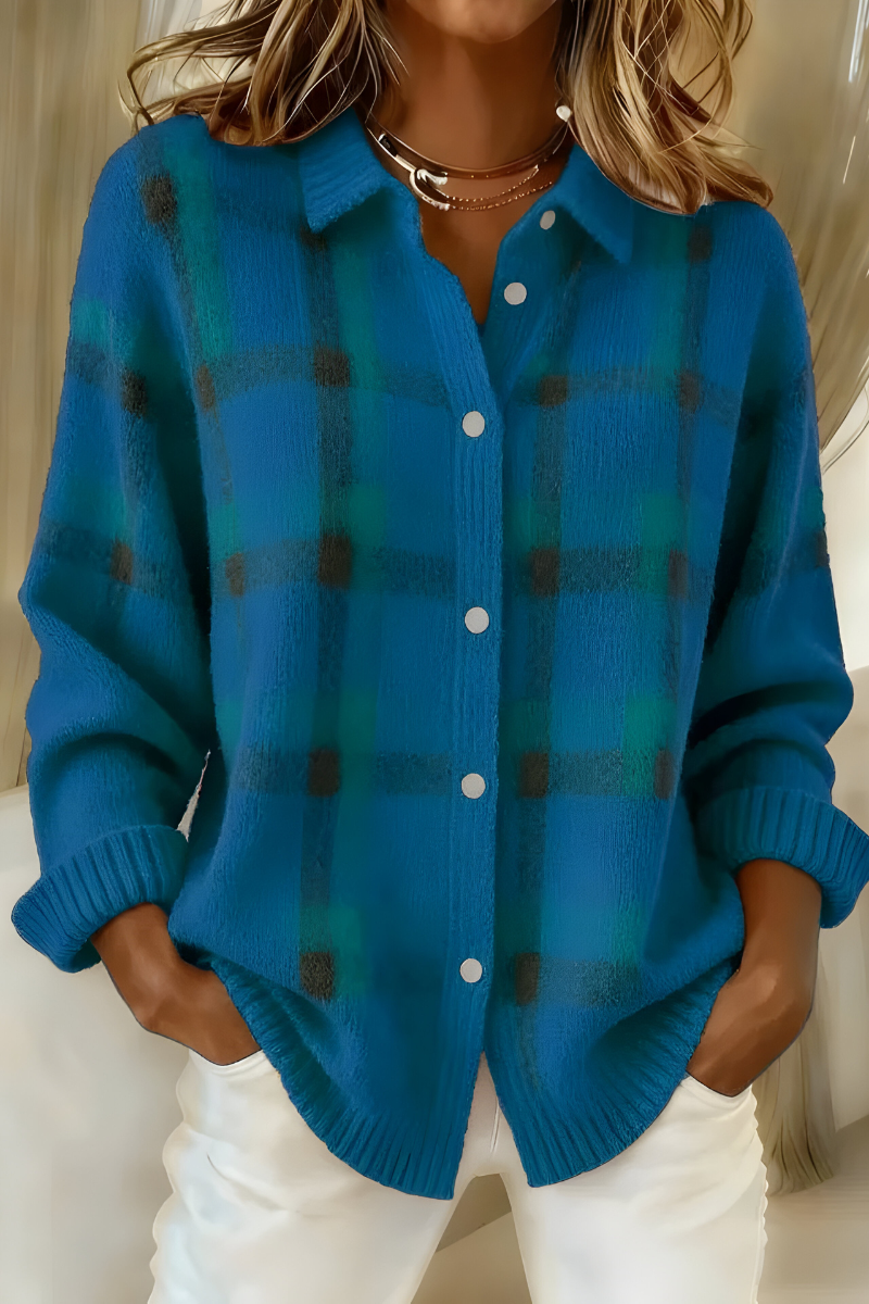 Blue plaid knit cardigan with button front, collared V-neck, long sleeves
