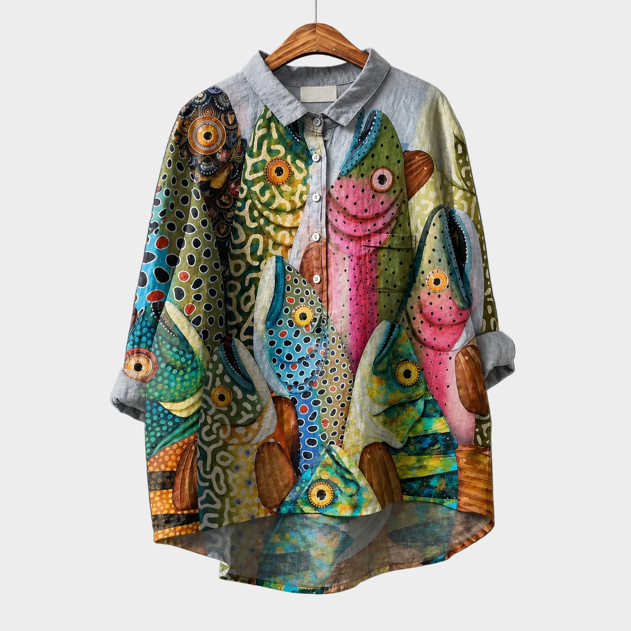 Blusa estiva ampia multicolore con stampa astratta, colletto e bottoni frontali
