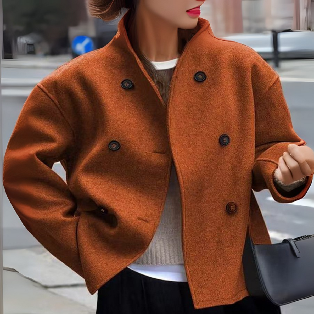 Rust-brown long-sleeve stand-collar coat with double-breasted button front