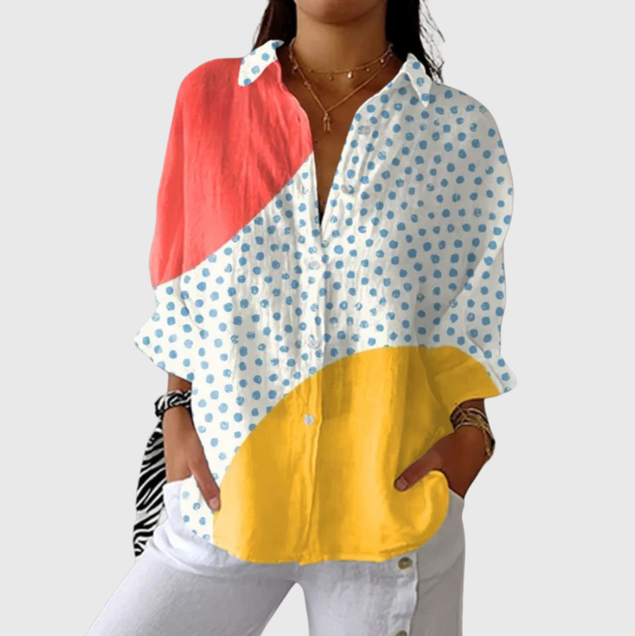 Blusa leggera multicolore a pois con scollo a V e maniche lunghe
