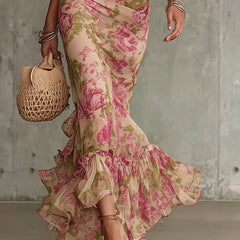 Pink rose floral print maxi dress with puff sleeves and ruffled high-low hem
