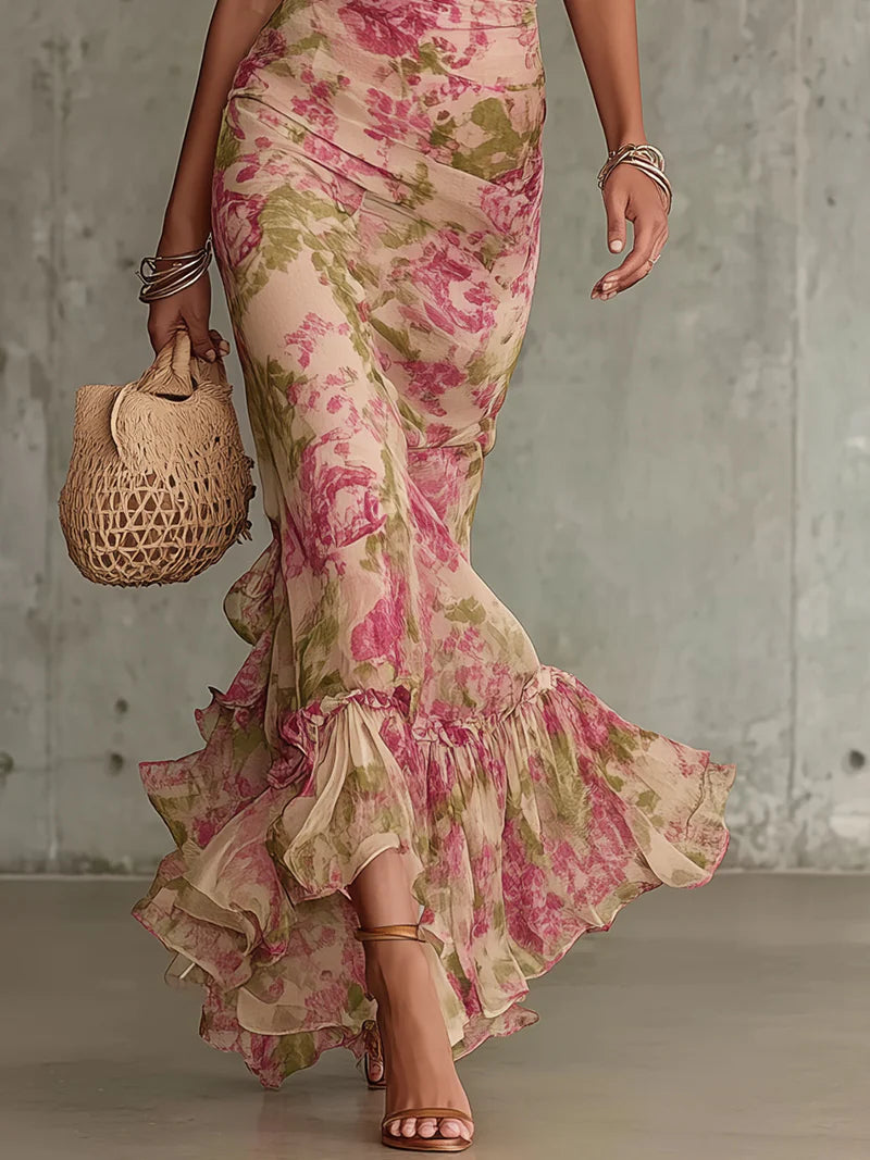 Pink rose floral print maxi dress with puff sleeves and ruffled high-low hem