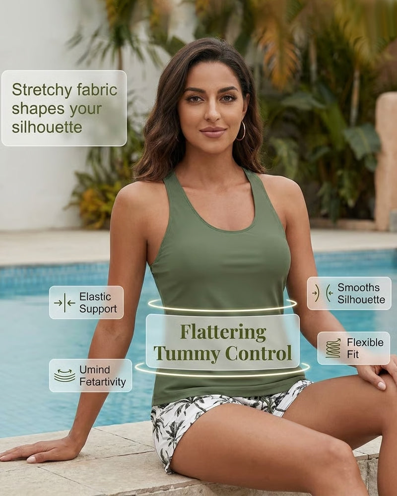 Model wearing olive green tankini top with palm-print swim shorts