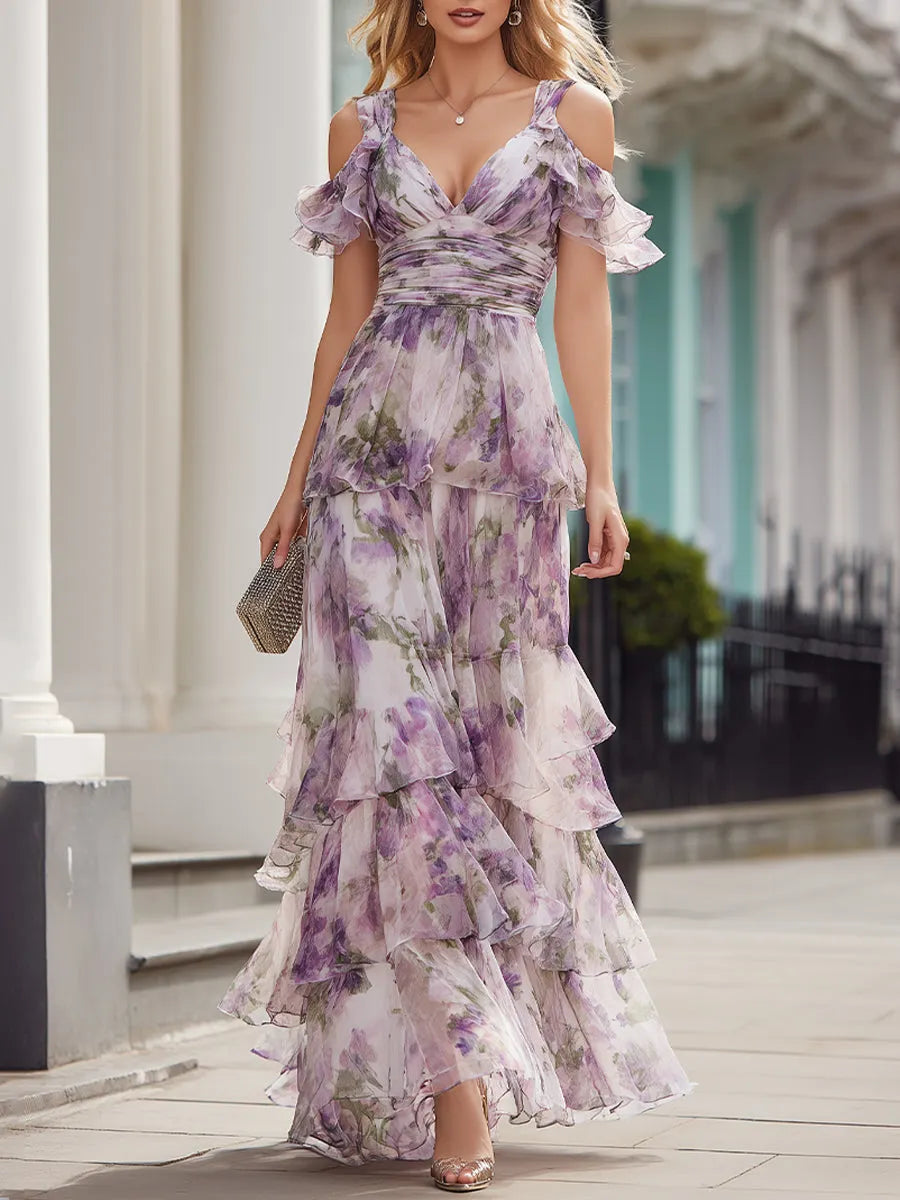 Lavender floral cold-shoulder tiered maxi dress with flutter sleeves and layered ruffles