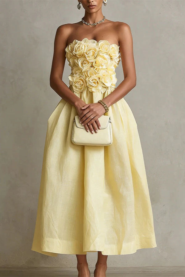 3D Rosette Strapless Midi Dress