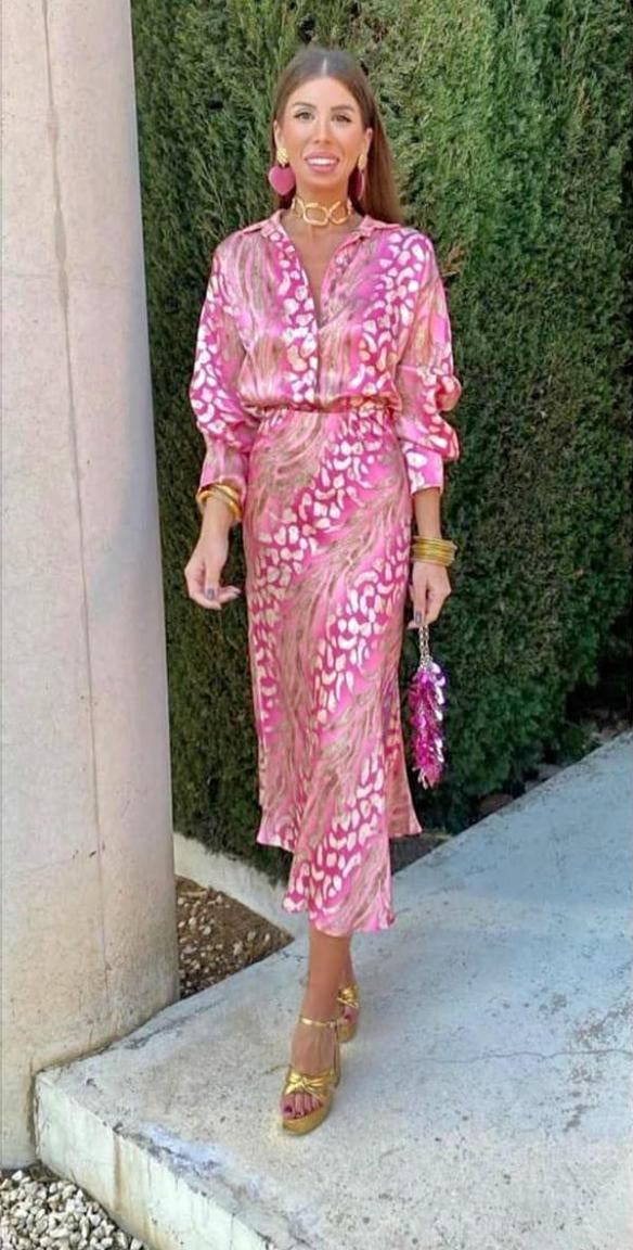 Pink and cream patterned long-sleeve midi dress with tie waist