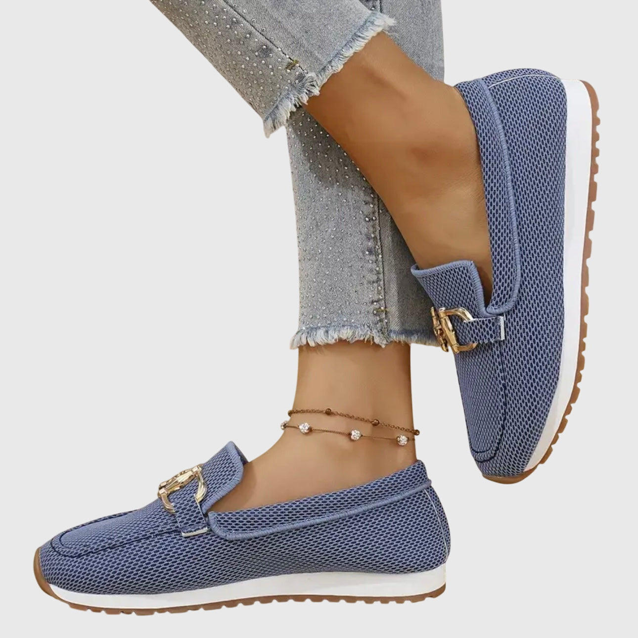 Mocassino ortopedico comfort blu con fascia in tessuto e fibbia dorata suola marrone