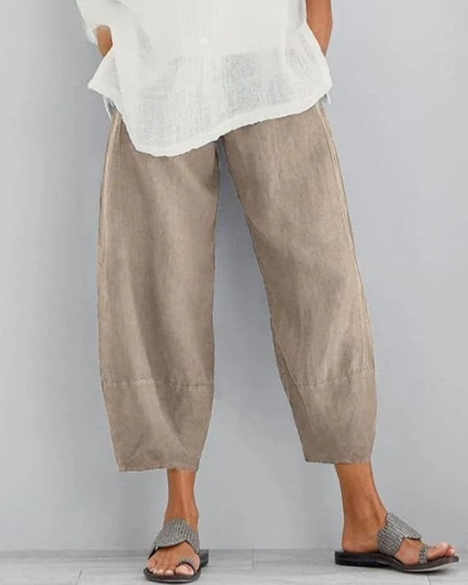Khaki casual cropped trousers, loose fit with ankle-length cuffed hem