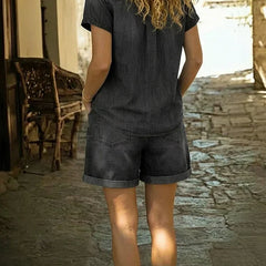 Black denim short set, back view: short-sleeve denim shirt and cuffed shorts
