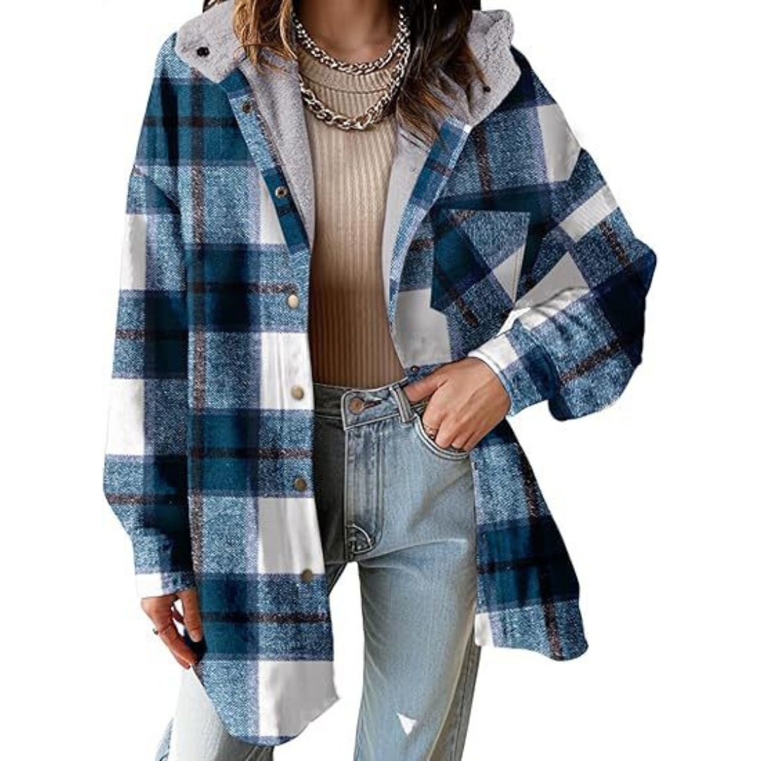 Relaxed-fit hooded plaid jacket in blue, white, and black with button front