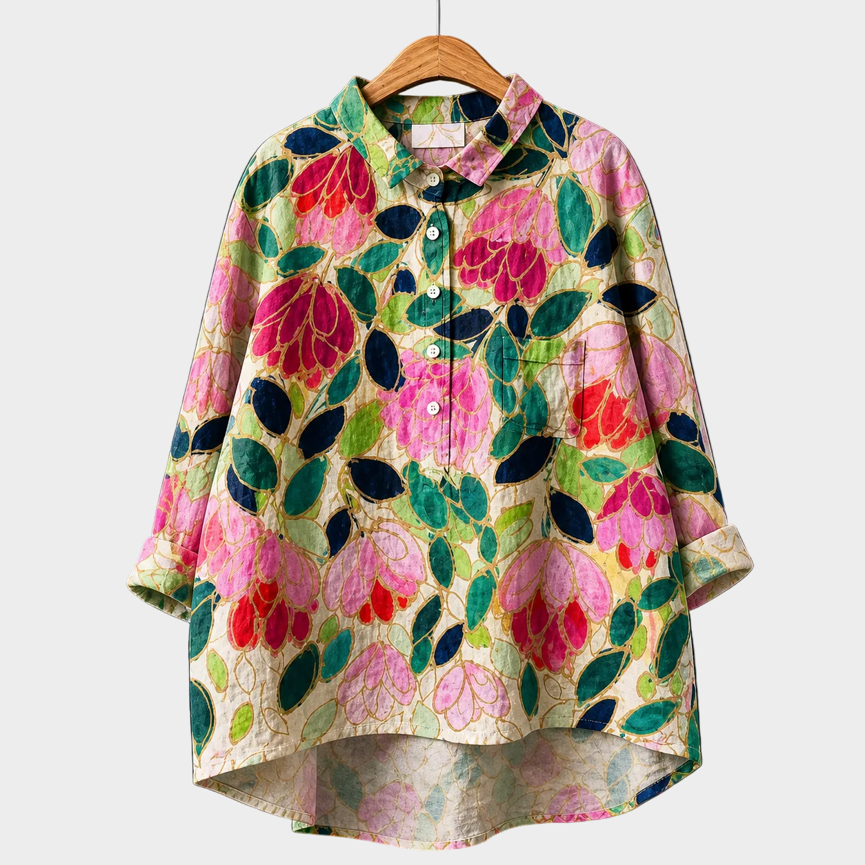 Blusa estiva in cotone multicolore con stampa floreale, bottoni e colletto, maniche 3/4
