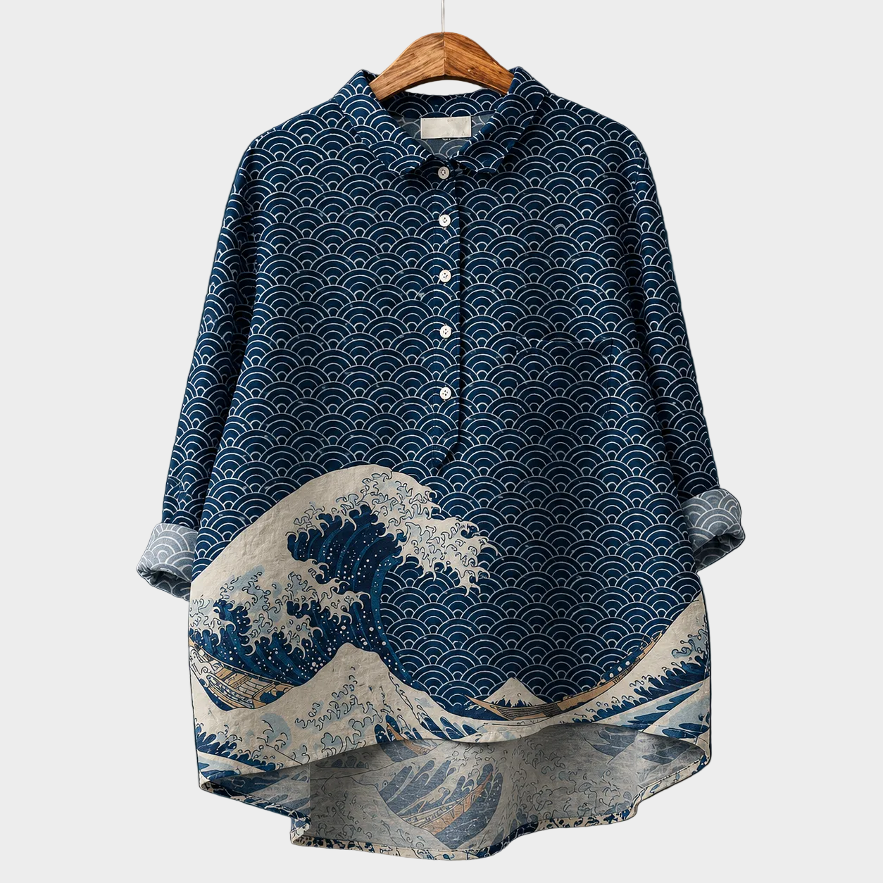 Blusa estiva elegante blu navy con motivo onde giapponesi e colletto