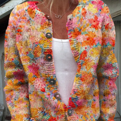 Multicolor vintage knit cardigan sweater with button front, V-neck, and long sleeves