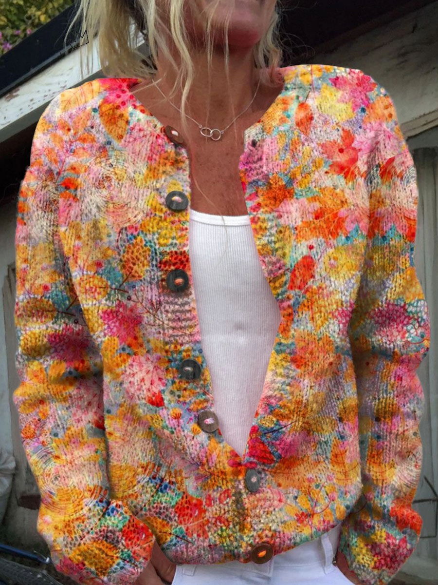 Multicolor vintage knit cardigan sweater with button front, V-neck, and long sleeves