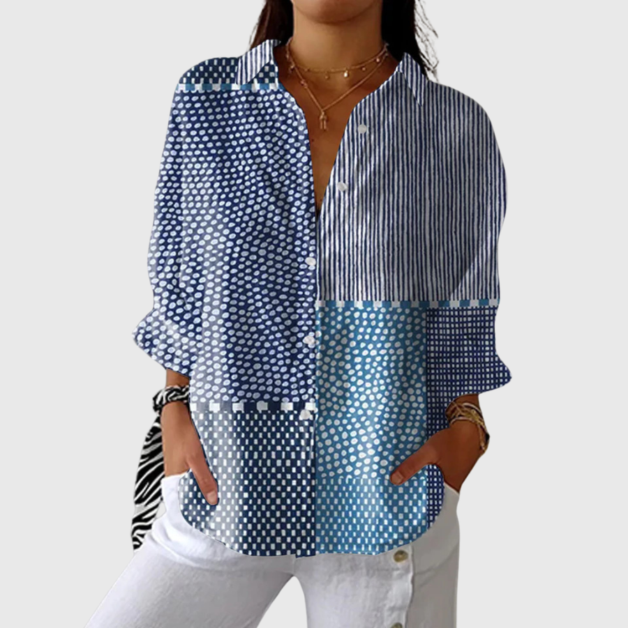 Blusa leggera blu con stampa a pois e righe, maniche lunghe e bottoni