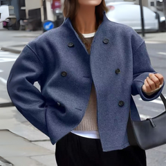 Blue long-sleeve stand-collar coat with double-breasted button front