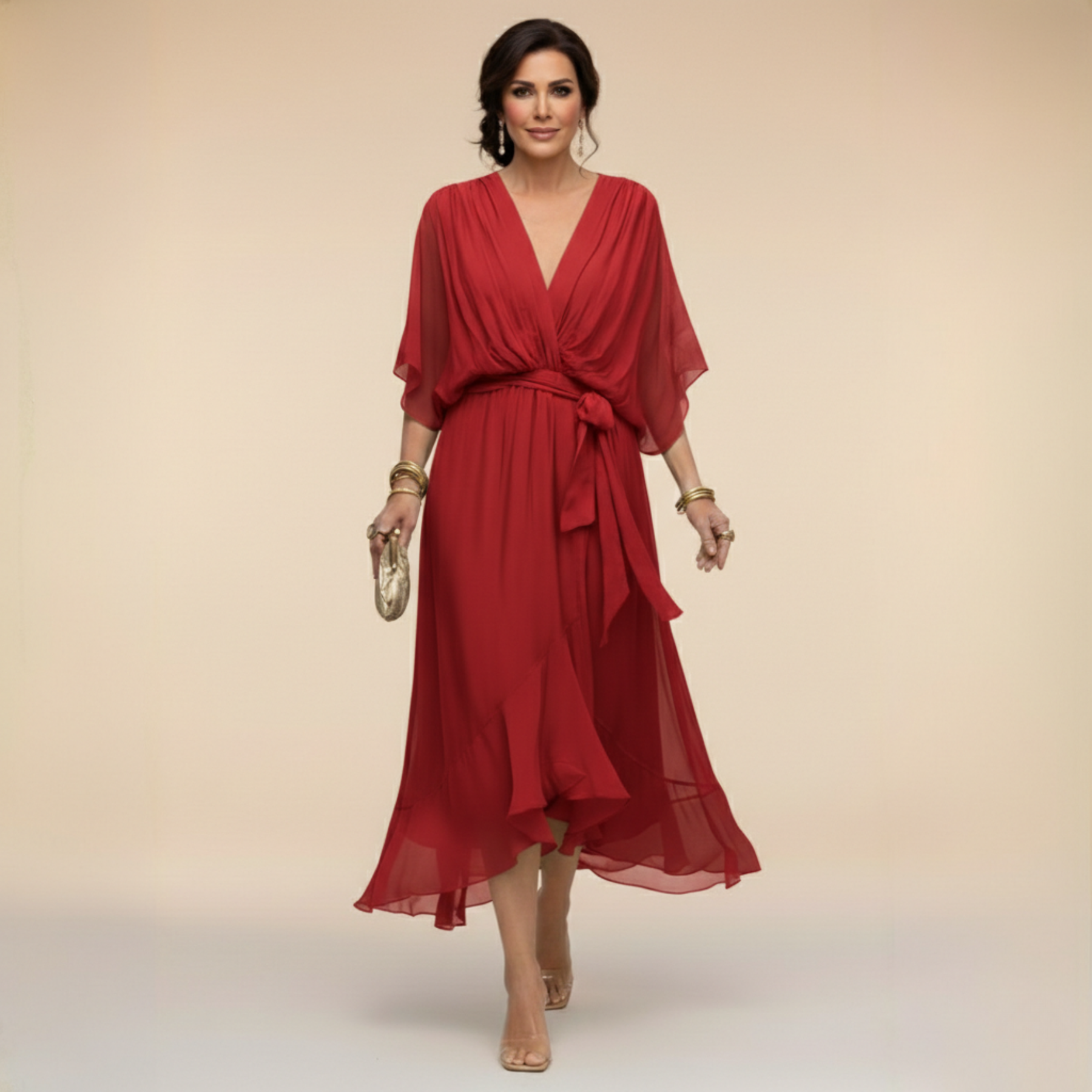 Red V-neck tie-waist midi dress with draped flutter sleeves and layered chiffon skirt