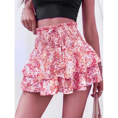 Pink floral tiered skort with shirred elastic waistband and layered ruffle hem