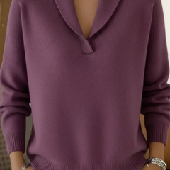 Dusty purple V-neck sweater with ribbed cuffs and hem
