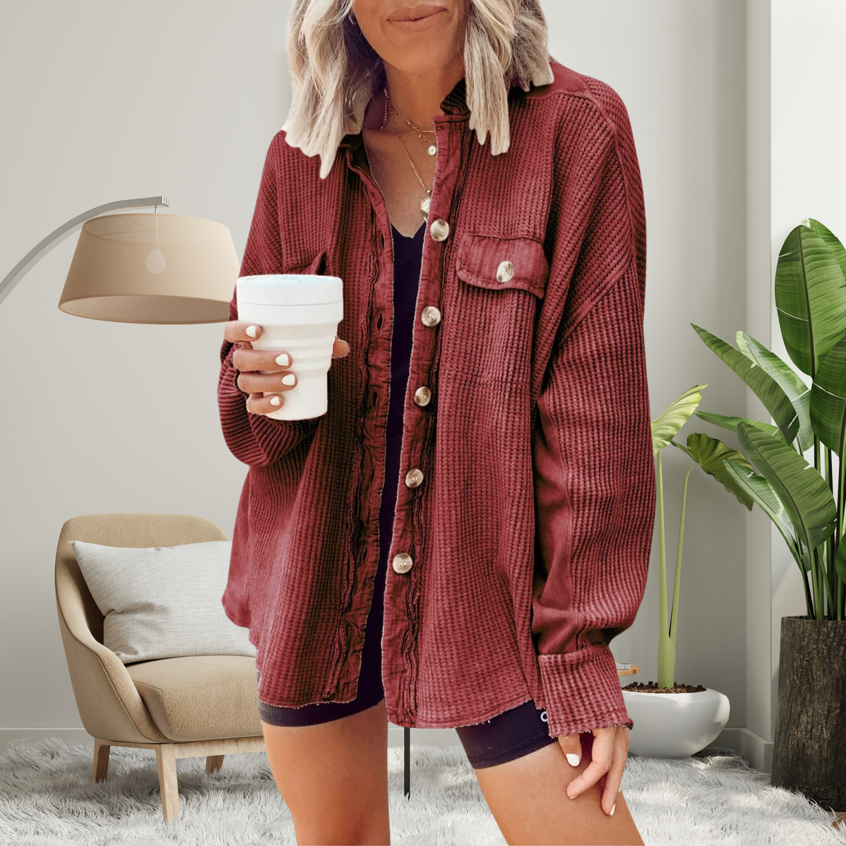 Cozy loose-fit batwing button-down jacket in burgundy, textured knit, button-up front