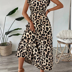 Maxi abito leopardo con maniche arricciate e scollo a V