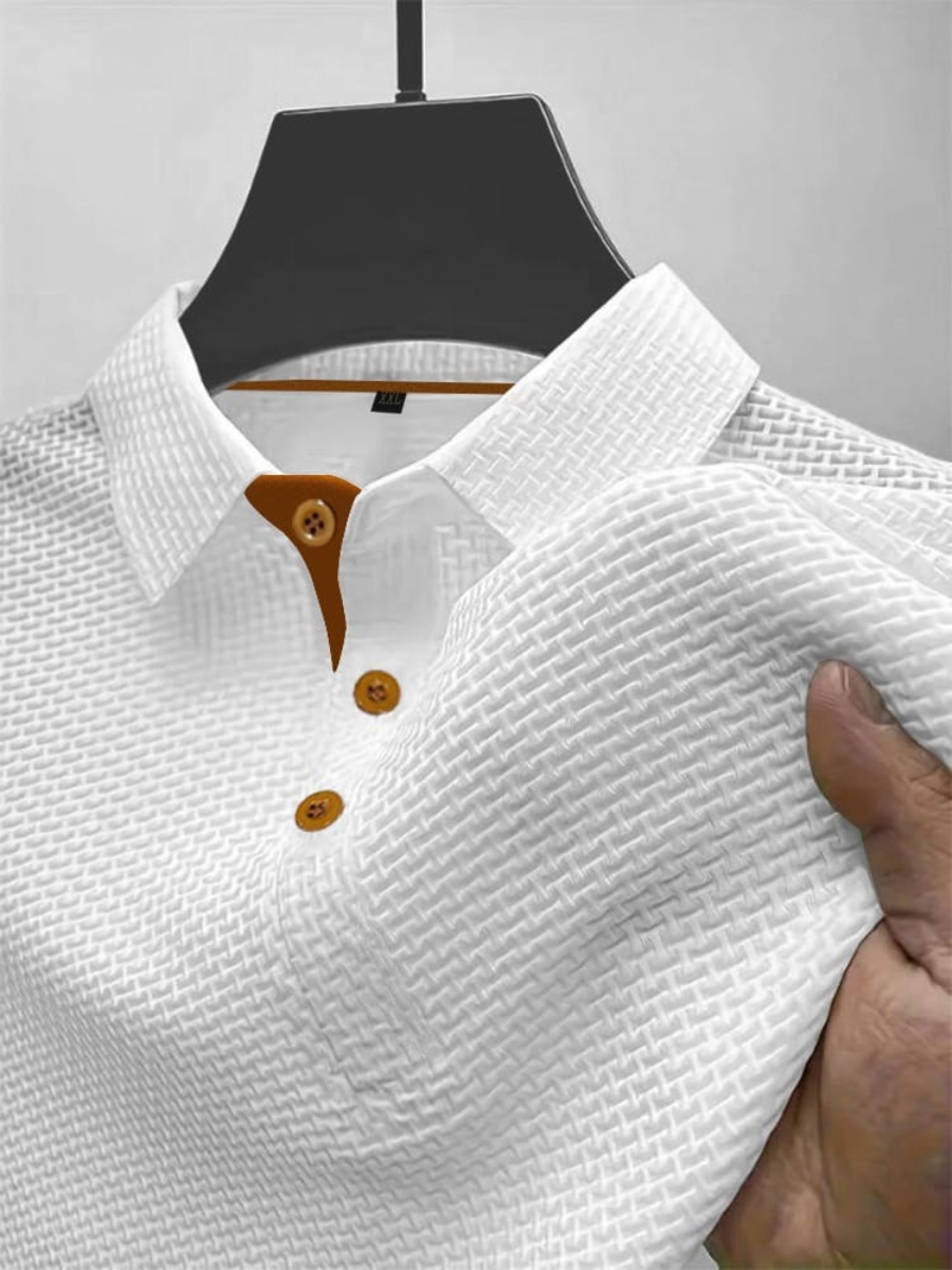 Men's textured polo shirt, white with tan button placket and short sleeves