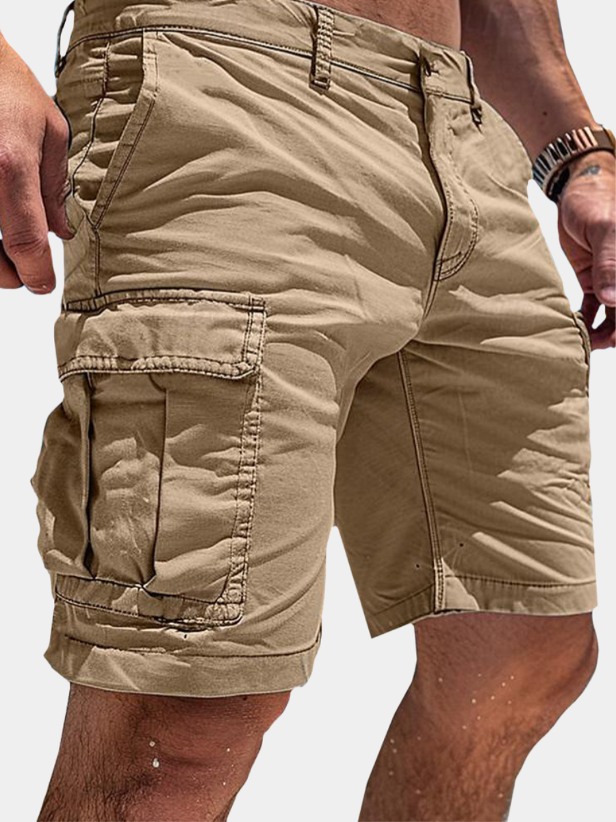 Men's khaki cargo shorts with zip fly, belt loops, and two utility flap pockets