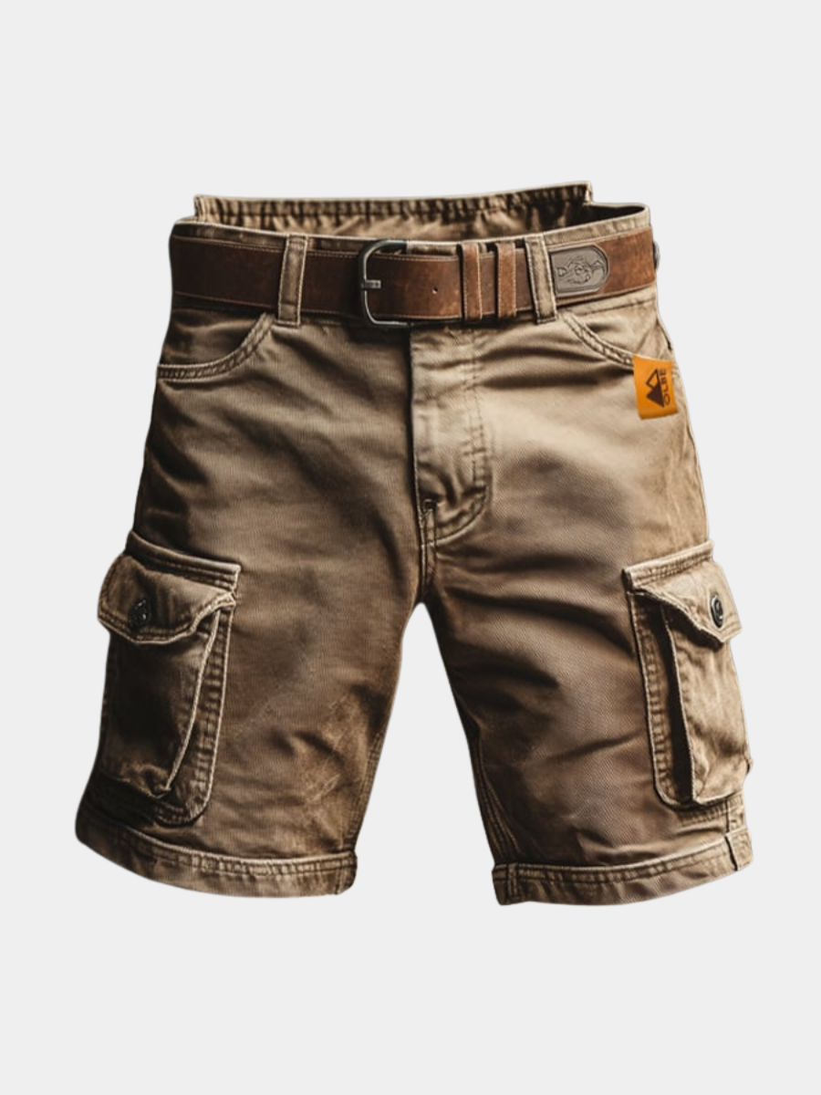 Brown cargo shorts with belt, front fly, and side utility pockets
